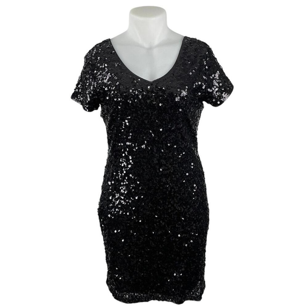 Maner Women's Black Sequin V Neck Short Sleeve Mini Sheath Bodycon Dress Sz XL
